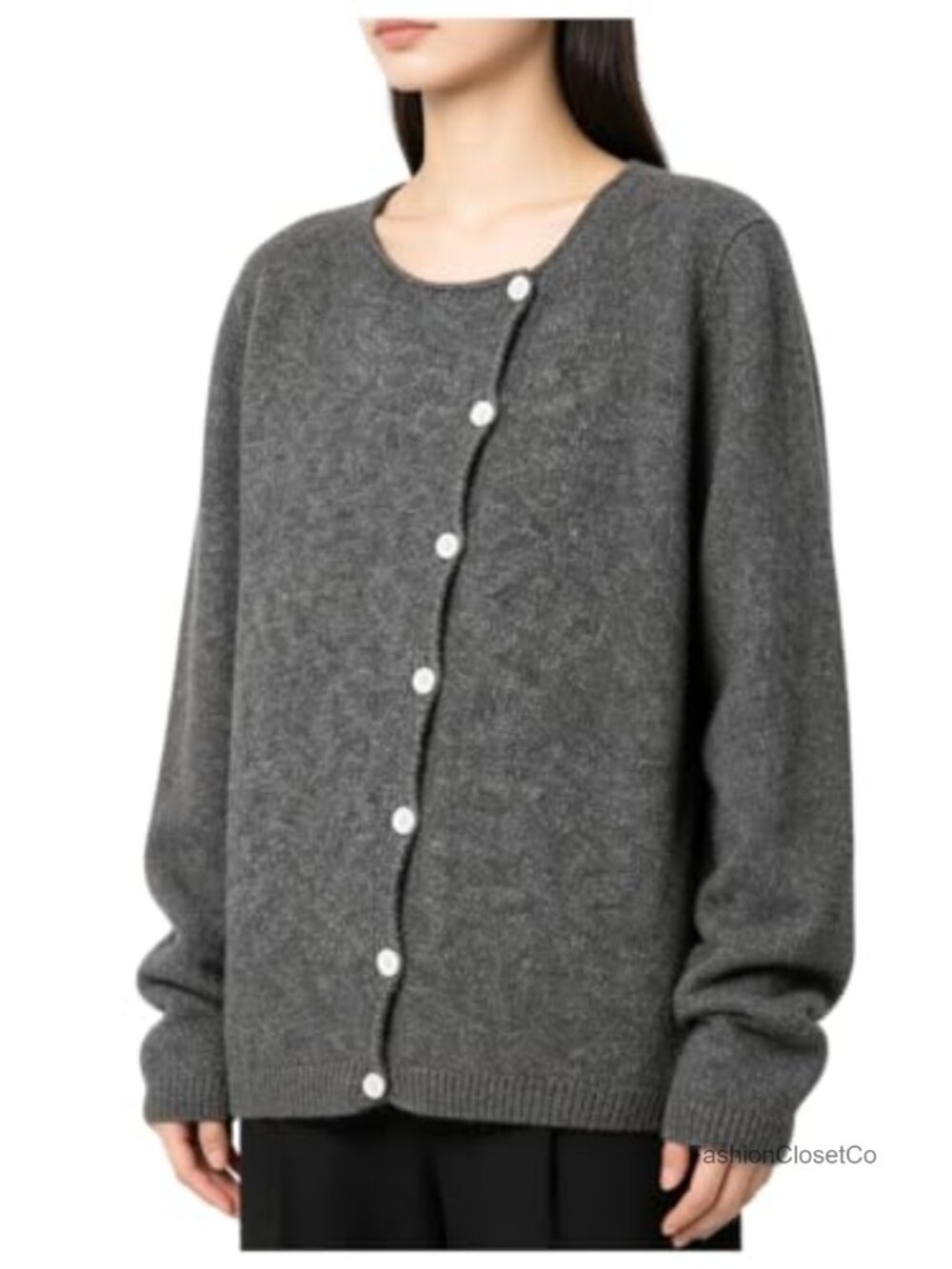 Asymmetrical Button Down Long Sleeve Cardigan Crewneck Knitted Sweater Cozy
